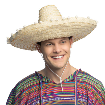 Sombrero Mexicain Géant - Chapeau Paille Blanc avec Pompons