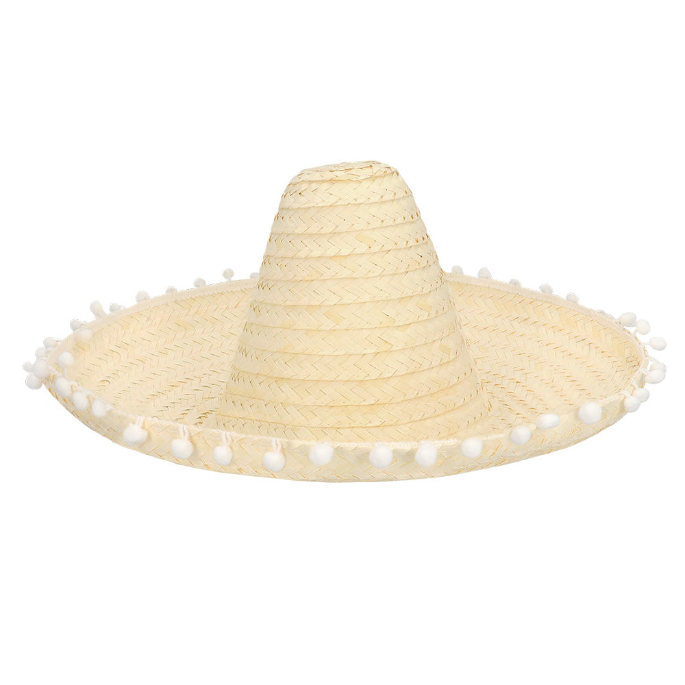 Sombrero Mexicain Géant - Chapeau Paille Blanc avec Pompons