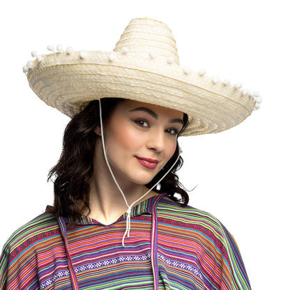 Sombrero Mexicain Géant - Chapeau Paille Blanc avec Pompons