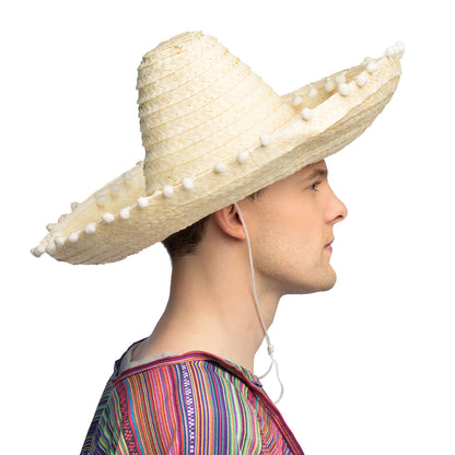 Sombrero Mexicain Géant - Chapeau Paille Blanc avec Pompons