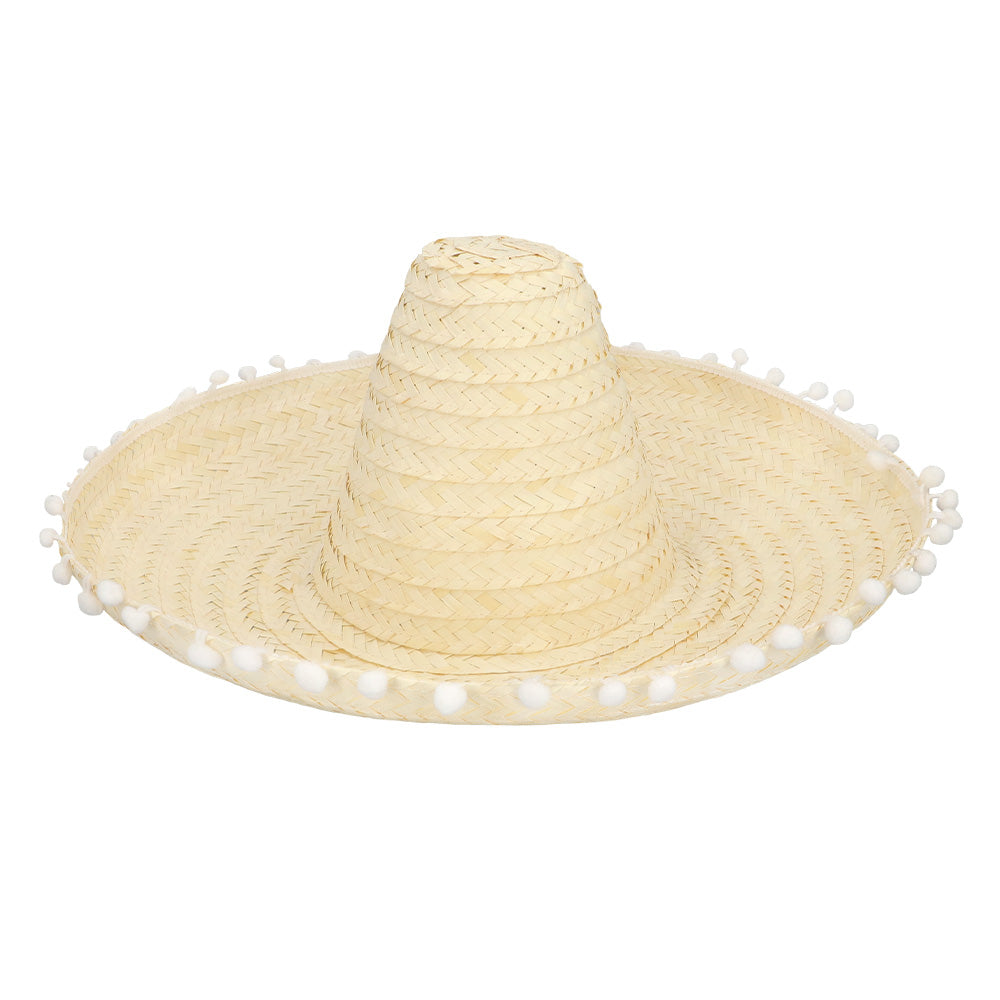 Sombrero Mexicain Géant - Chapeau Paille Blanc avec Pompons