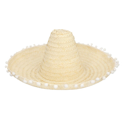 Sombrero Mexicain Géant - Chapeau Paille Blanc avec Pompons