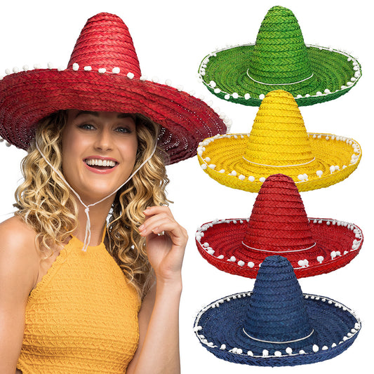 Sombrero Mexicain Paille 5 Couleurs - Chapeau Fiesta avec Pompons