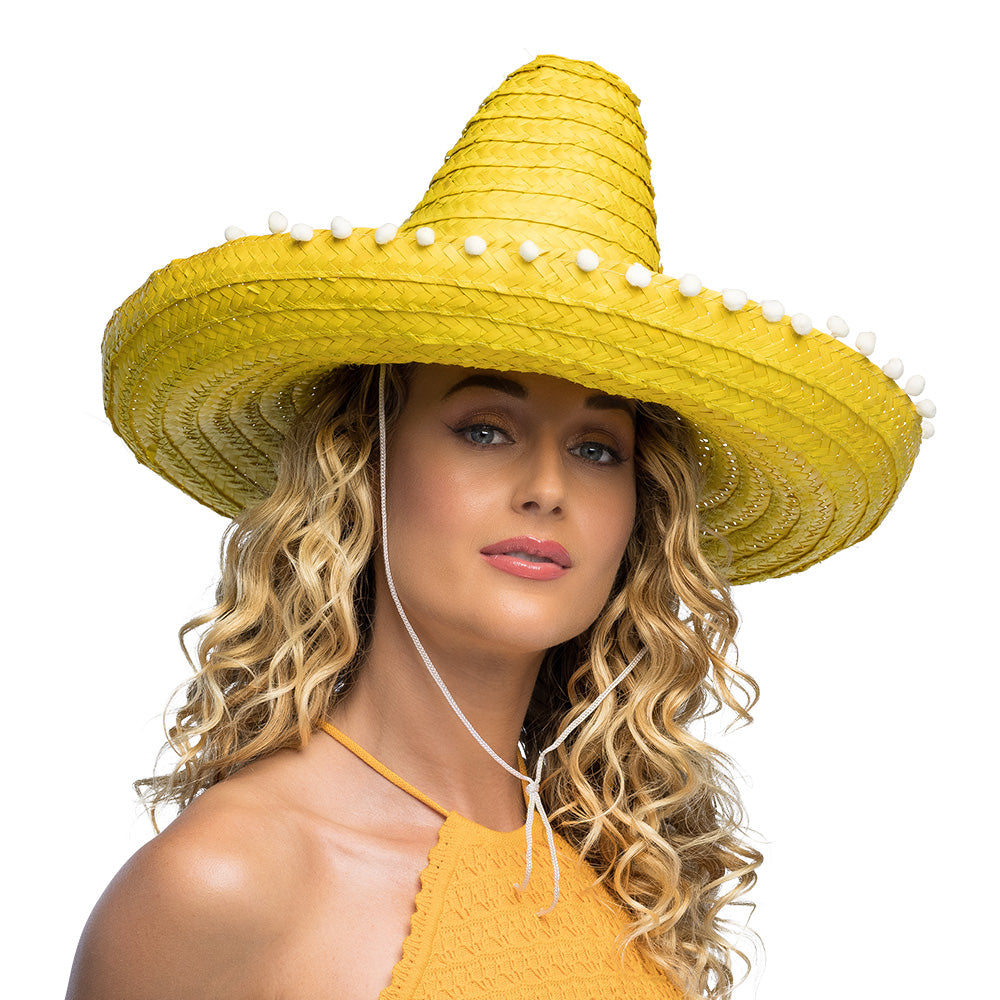 Sombrero Mexicain Paille 5 Couleurs - Chapeau Fiesta avec Pompons