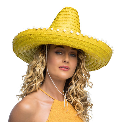 Sombrero Mexicain Paille 5 Couleurs - Chapeau Fiesta avec Pompons
