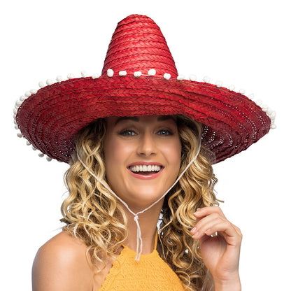 Sombrero Mexicain Paille 5 Couleurs - Chapeau Fiesta avec Pompons