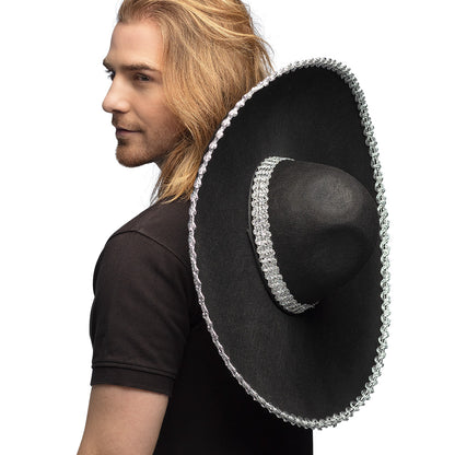 Sombrero Géant Noir avec Broderies Argent - Déguisement Mexicain