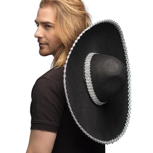 Sombrero Géant Noir avec Broderies Argent - Déguisement Mexicain