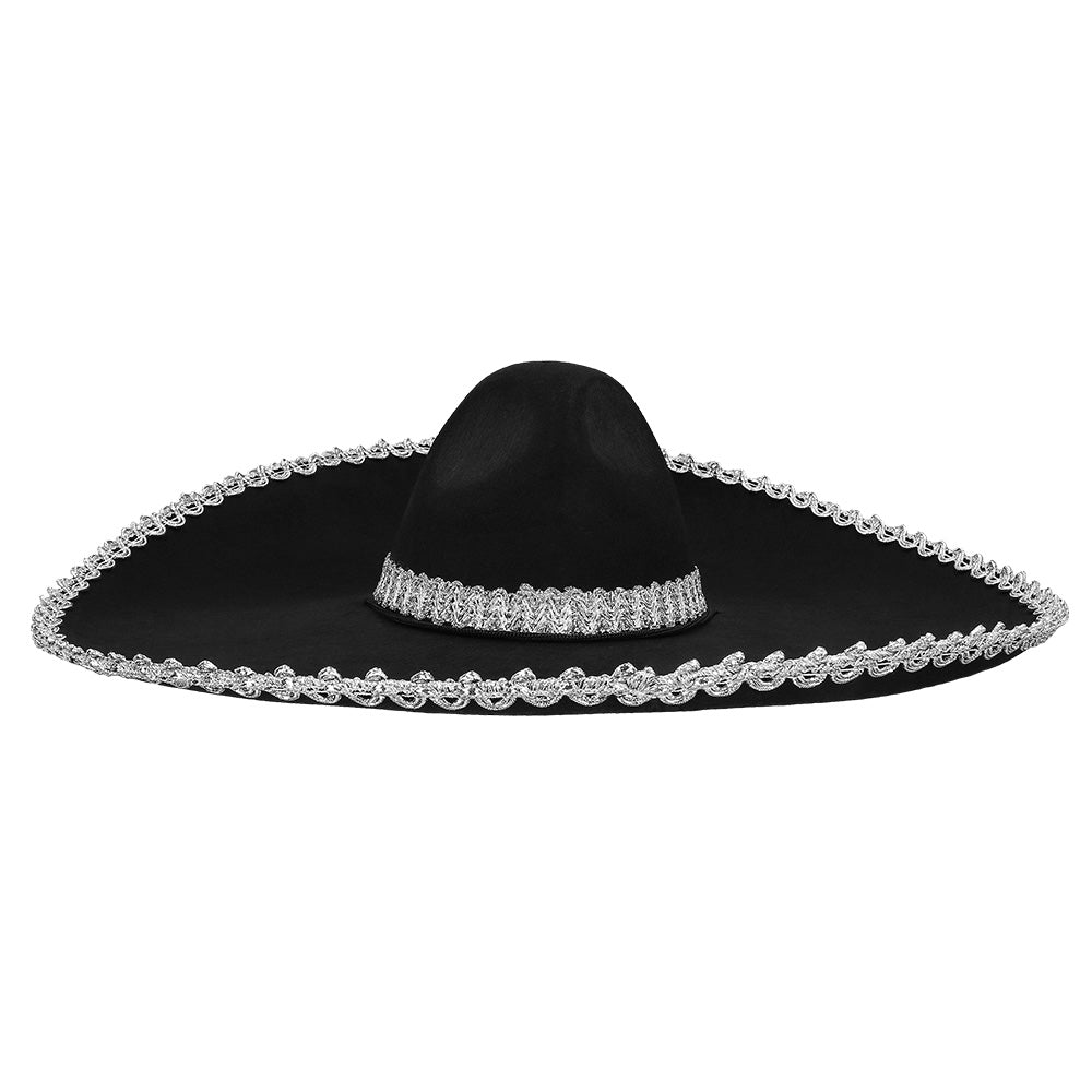 Sombrero Géant Noir avec Broderies Argent - Déguisement Mexicain