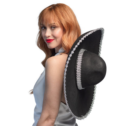 Sombrero Géant Noir avec Broderies Argent - Déguisement Mexicain