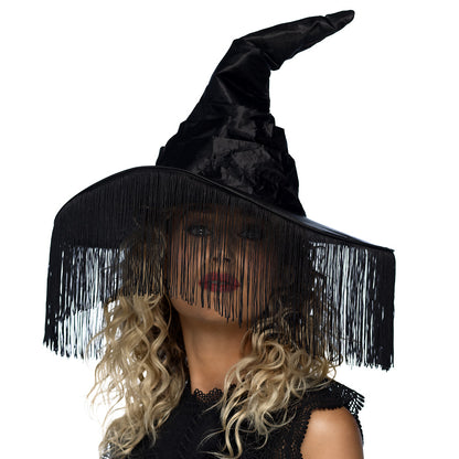 Chapeau de Sorcière Frangé Noir - Accessoire Halloween Mystique