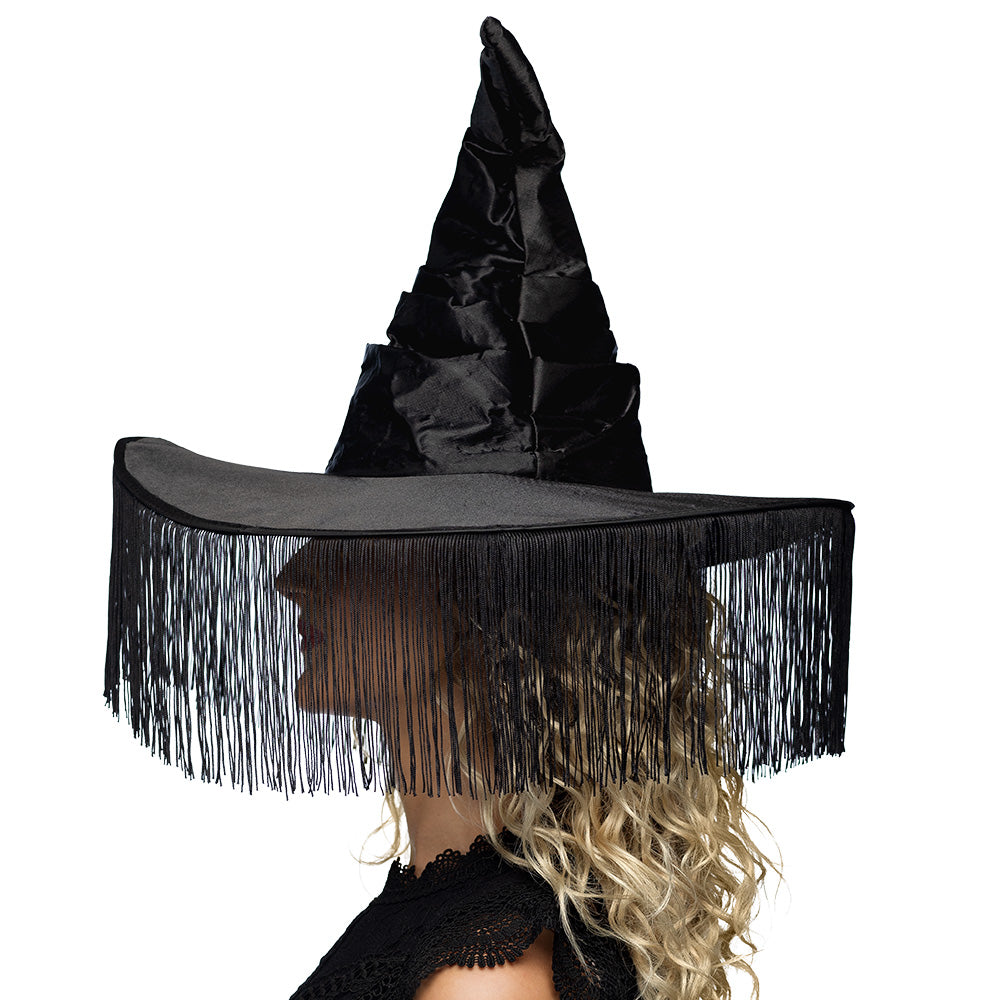 Chapeau de Sorcière Frangé Noir - Accessoire Halloween Mystique