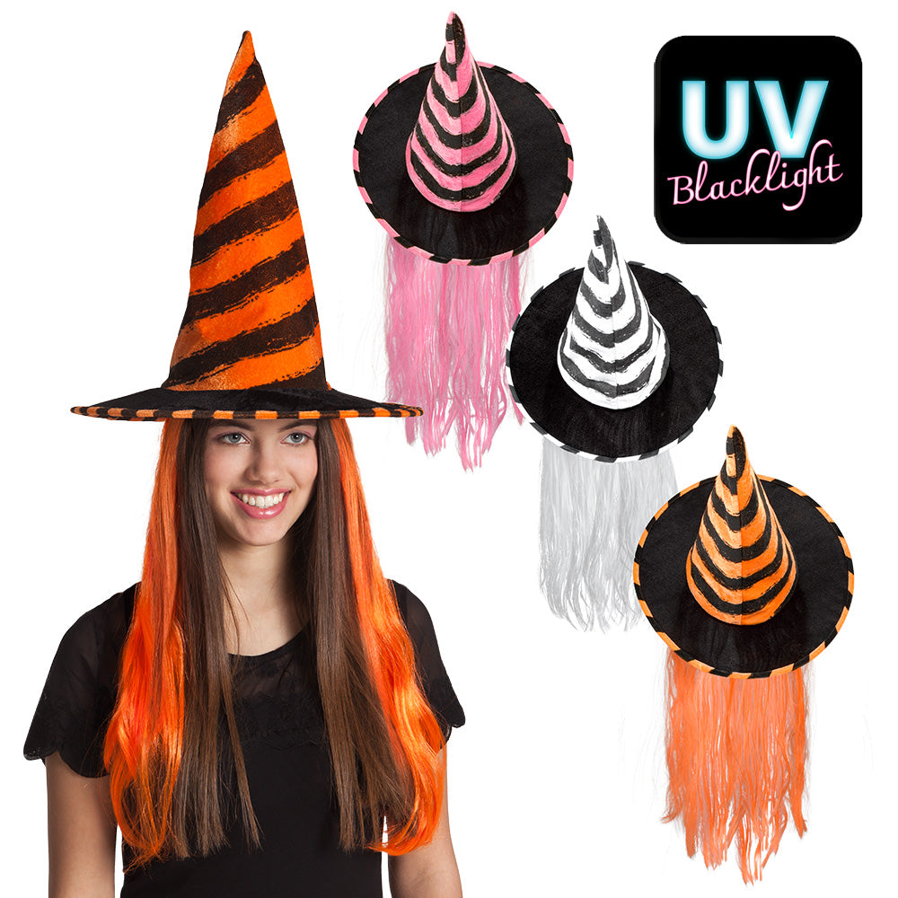 Chapeau de Sorcière Rayé avec Cheveux Halloween UV Blacklight