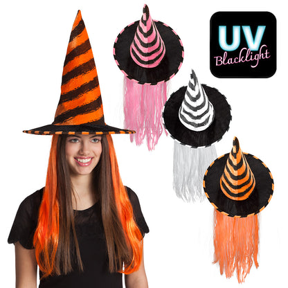 Chapeau de Sorcière Rayé avec Cheveux Halloween UV Blacklight