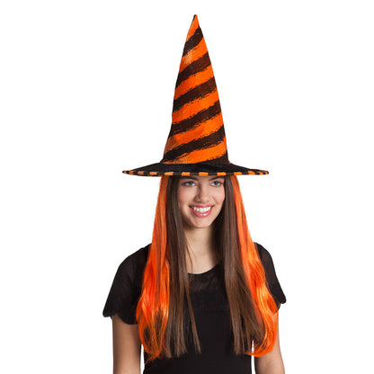 Chapeau de Sorcière Rayé avec Cheveux Halloween UV Blacklight