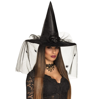 Chapeau Sorcière Noir Tulle Araignées Halloween