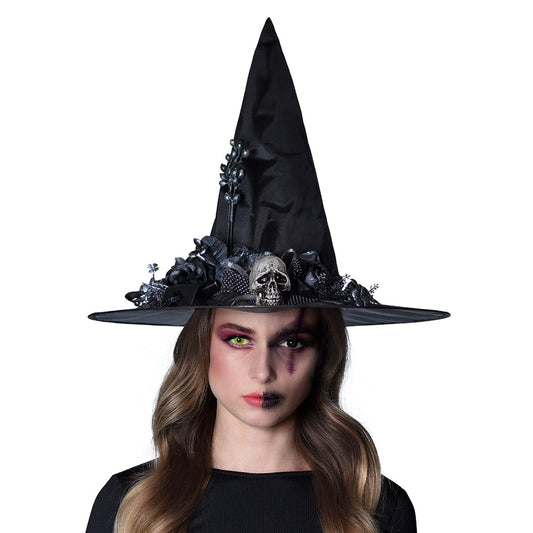 Chapeau de Sorcière Gothique Crâne et Roses Noires Luxe