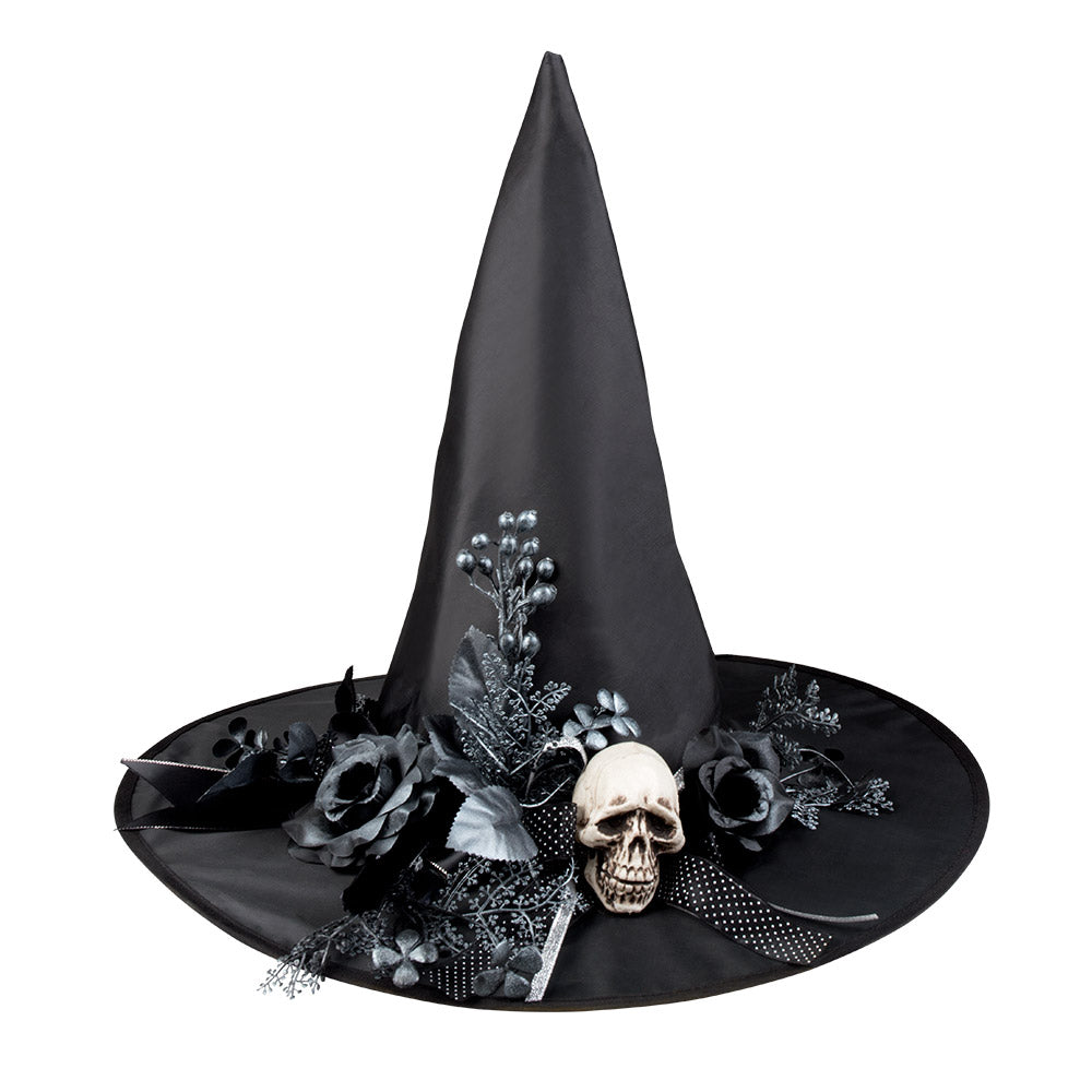 Chapeau de Sorcière Gothique Crâne et Roses Noires Luxe