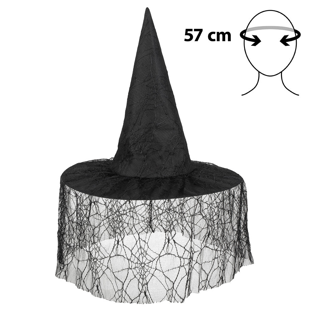 Chapeau Sorcière Noir avec Voile Dentelle - Déguisement Halloween