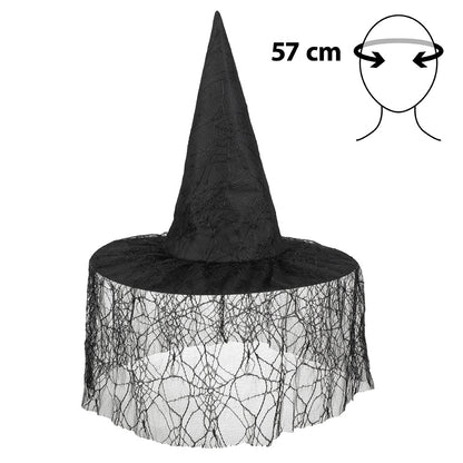 Chapeau Sorcière Noir avec Voile Dentelle - Déguisement Halloween