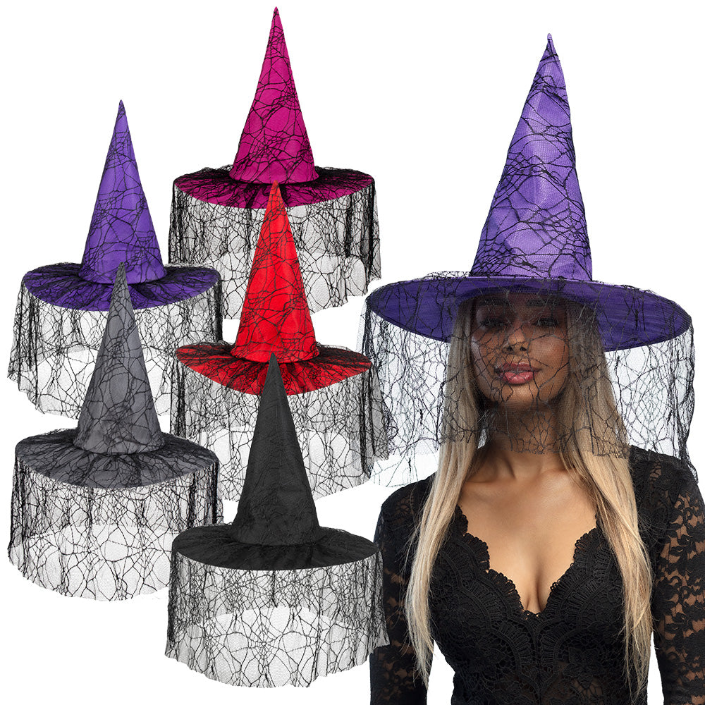 Chapeau de Sorcière Halloween avec Voile Dentelle Noir