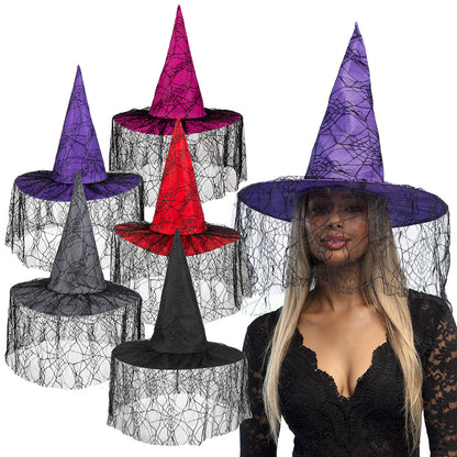 Chapeau de Sorcière Halloween avec Voile Dentelle Noir