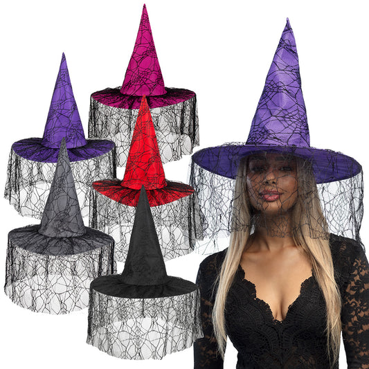 Chapeau de Sorcière Halloween avec Voile Dentelle Noir