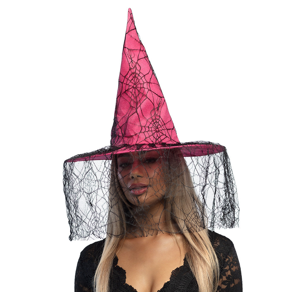 Chapeau de Sorcière Halloween avec Voile Dentelle Noir
