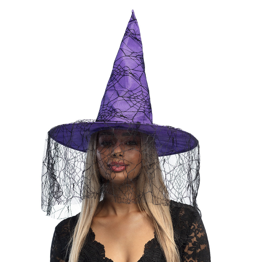 Chapeau de Sorcière Halloween avec Voile Dentelle Noir