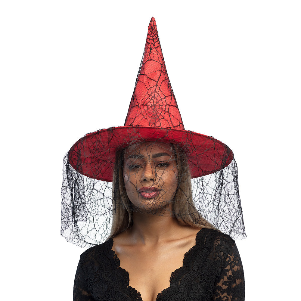 Chapeau de Sorcière Halloween avec Voile Dentelle Noir