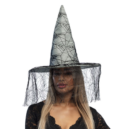 Chapeau de Sorcière Halloween avec Voile Dentelle Noir
