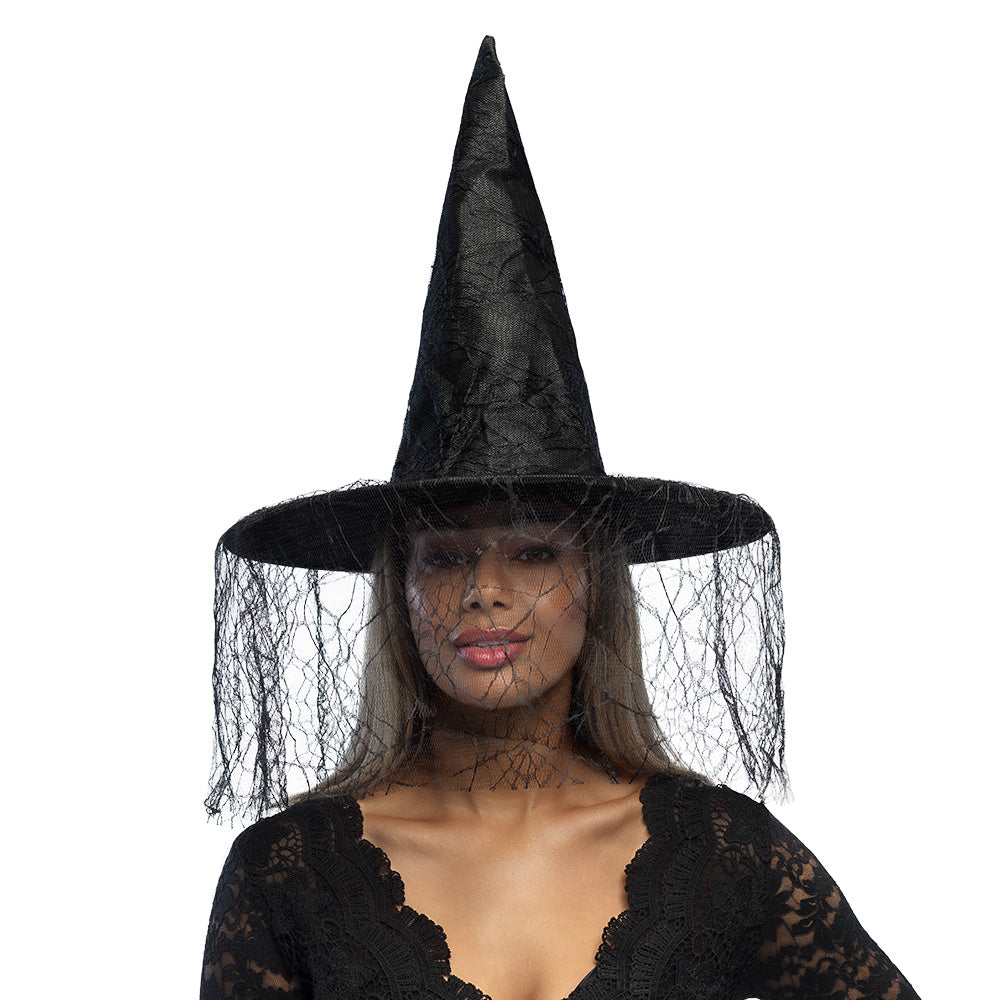 Chapeau de Sorcière Halloween avec Voile Dentelle Noir