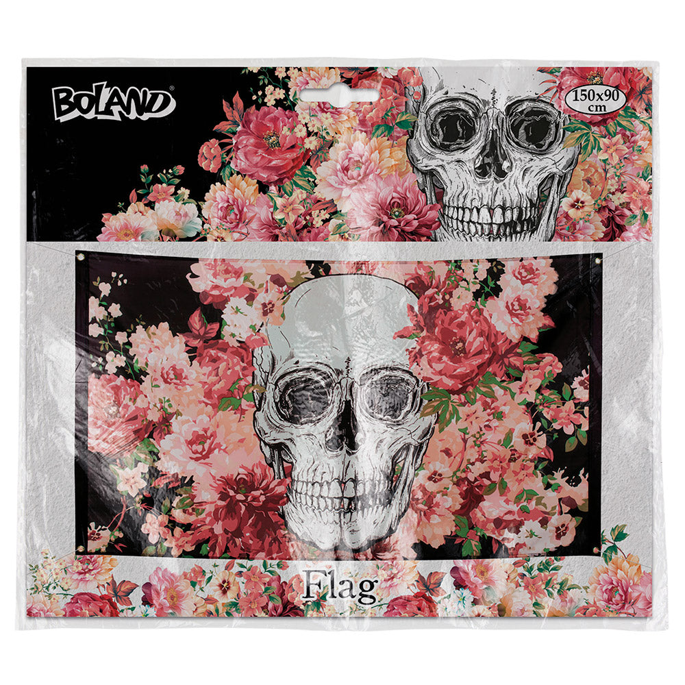 Drapeau Crâne Floral Rose 150x90cm - Décoration Gothique