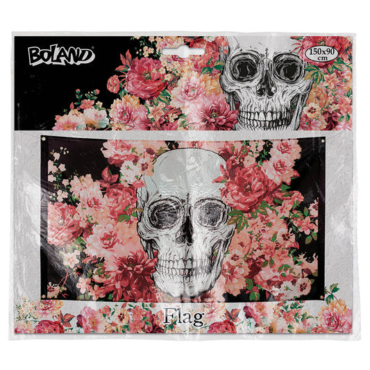 Drapeau Crâne Floral Rose 150x90cm - Décoration Gothique