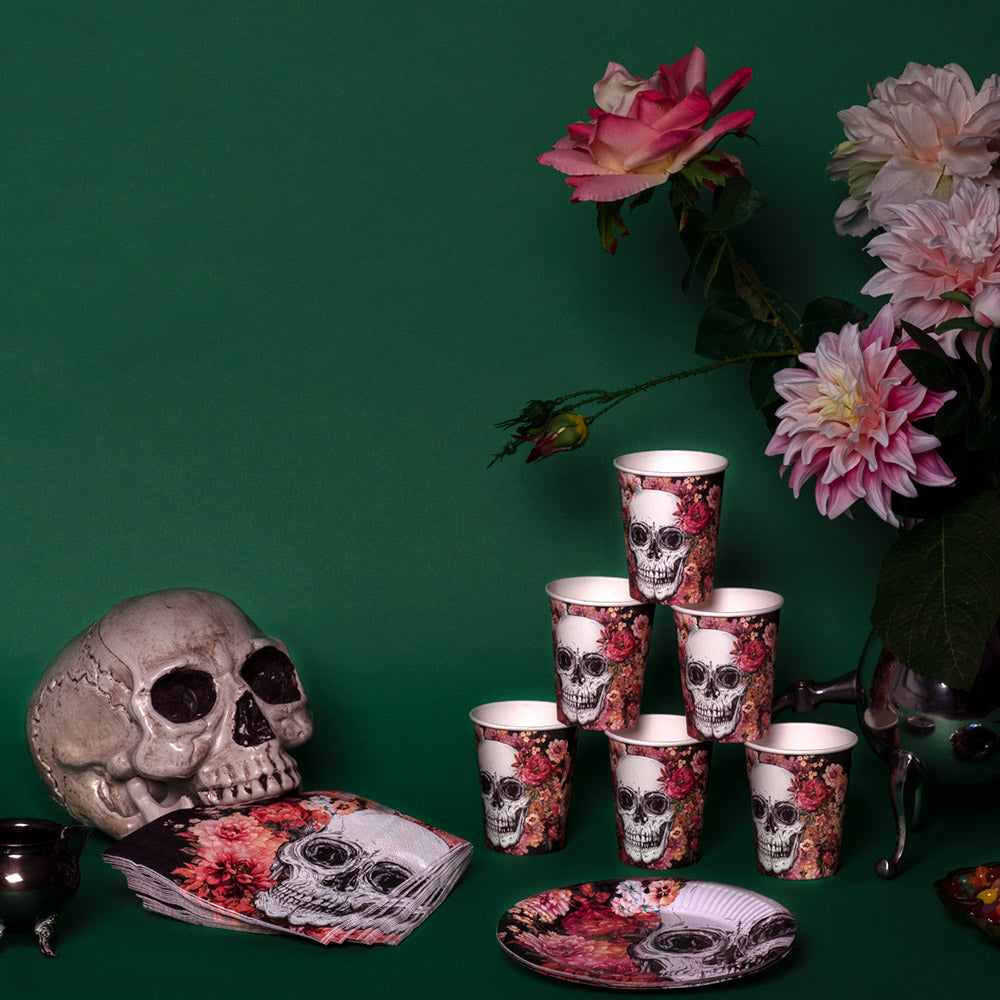 Gobelets Crâne Fleurs Rose - 8 pièces Halloween Gothique