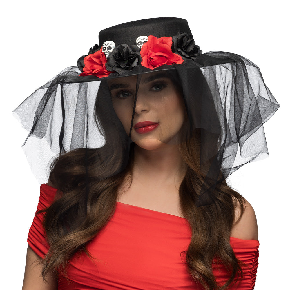 Chapeau Haut de Forme Gothique Crâne et Roses Rouges
