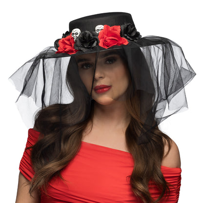 Chapeau Haut de Forme Gothique Crâne et Roses Rouges