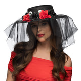 Chapeau Haut de Forme Gothique Crâne et Roses Rouges