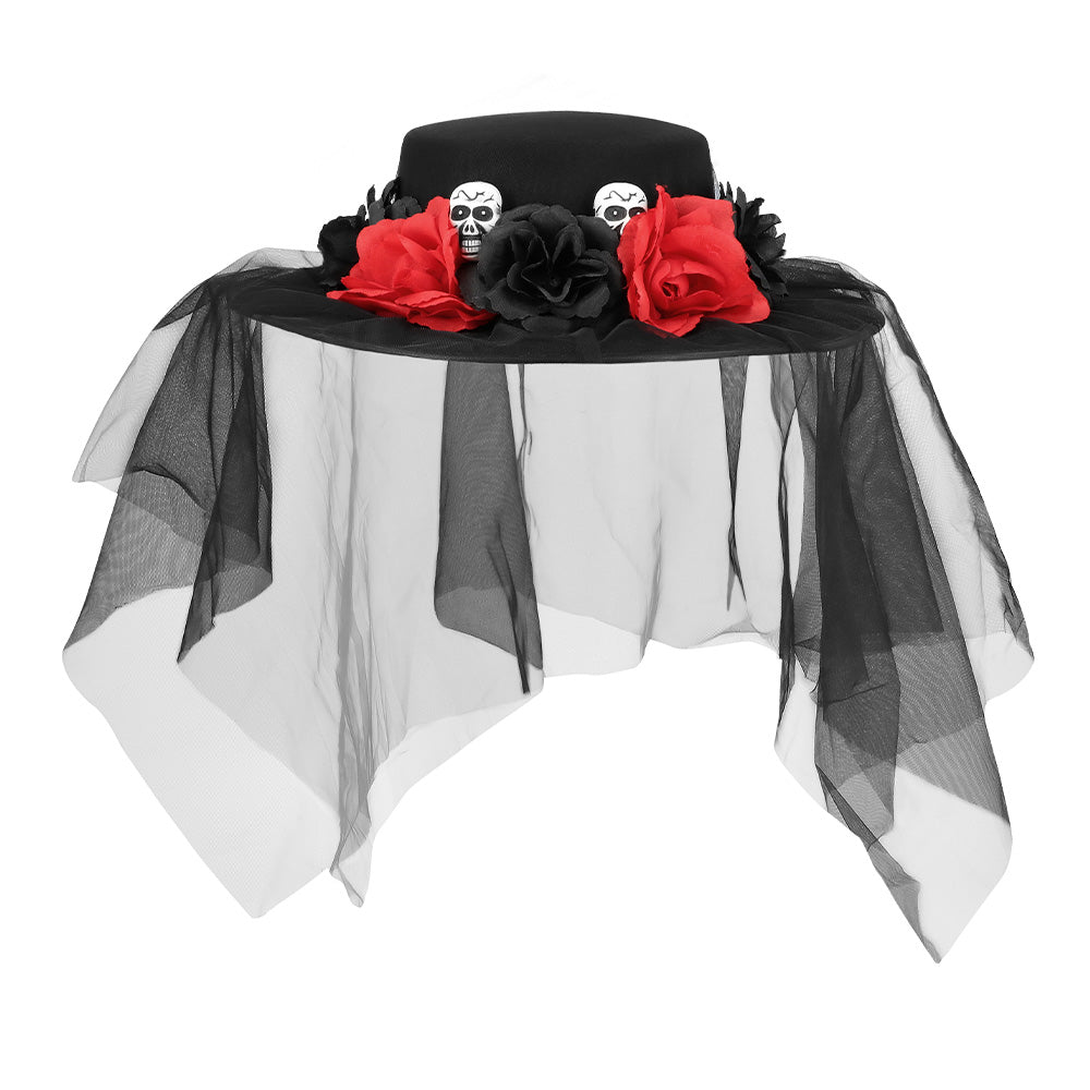 Chapeau Haut de Forme Gothique Crâne et Roses Rouges