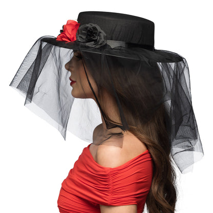 Chapeau Haut de Forme Gothique Crâne et Roses Rouges