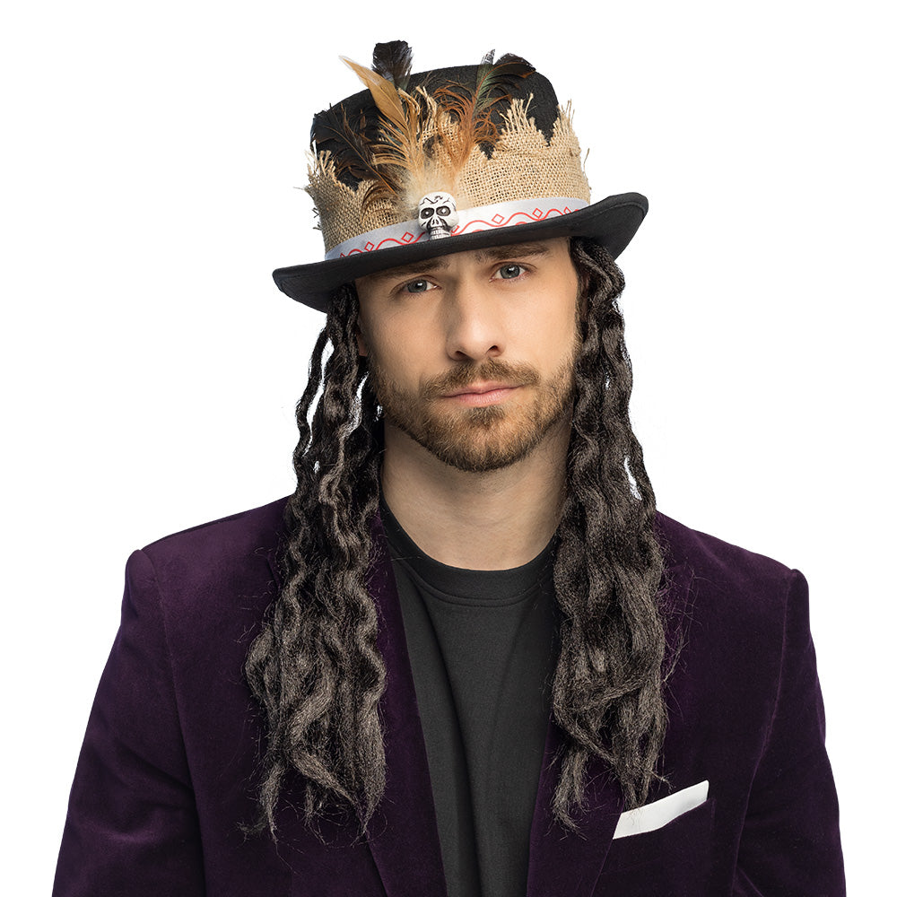 Chapeau Haut de Forme Vaudou avec Dreads et Plumes