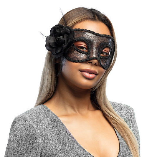 Masque Loup Dentelle Noir avec Fleur - Déguisement Soirée