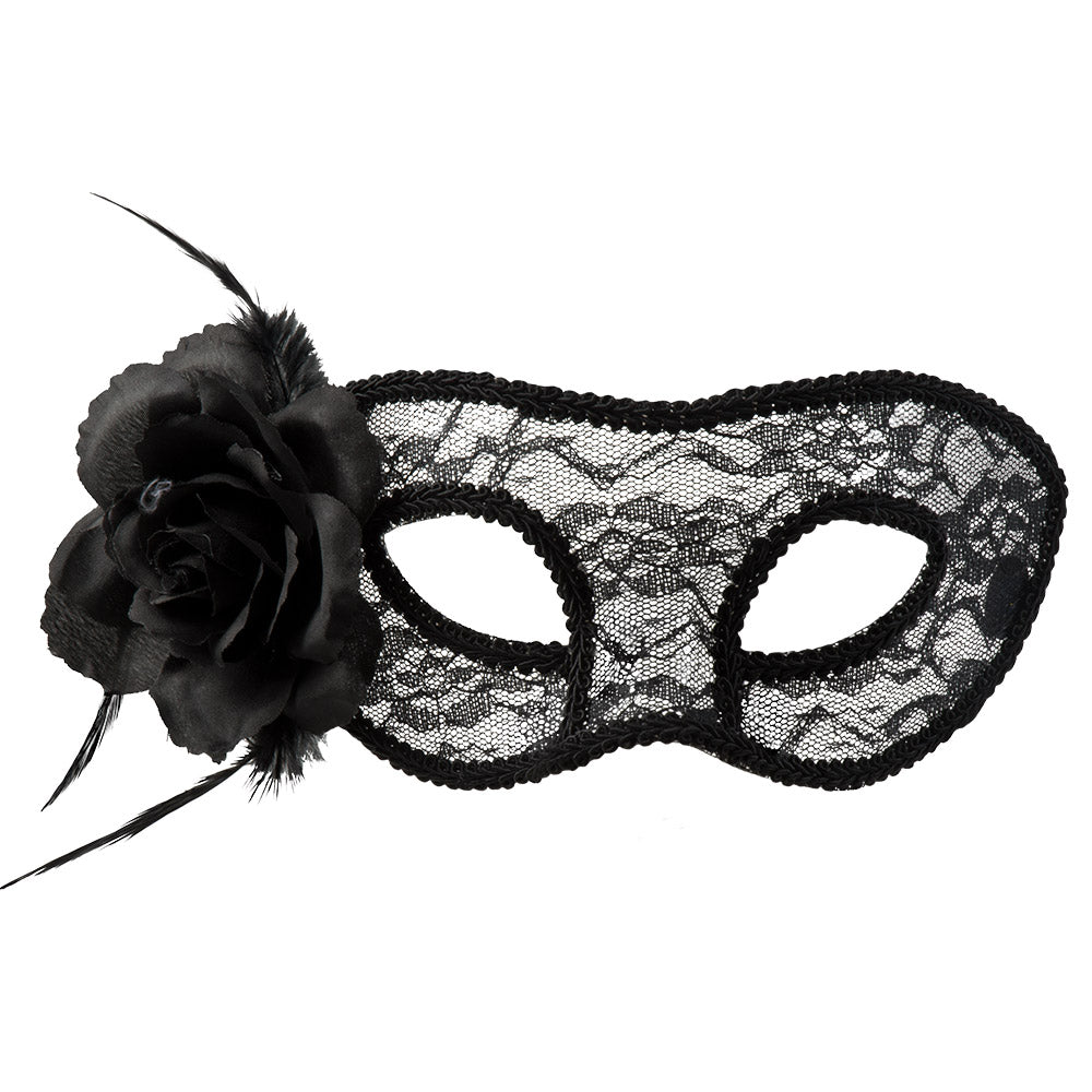 Masque Loup Dentelle Noir avec Fleur - Déguisement Soirée