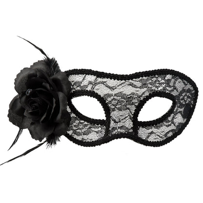 Masque Loup Dentelle Noir avec Fleur - Déguisement Soirée