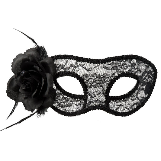 Masque Loup Dentelle Noir avec Fleur - Déguisement Soirée