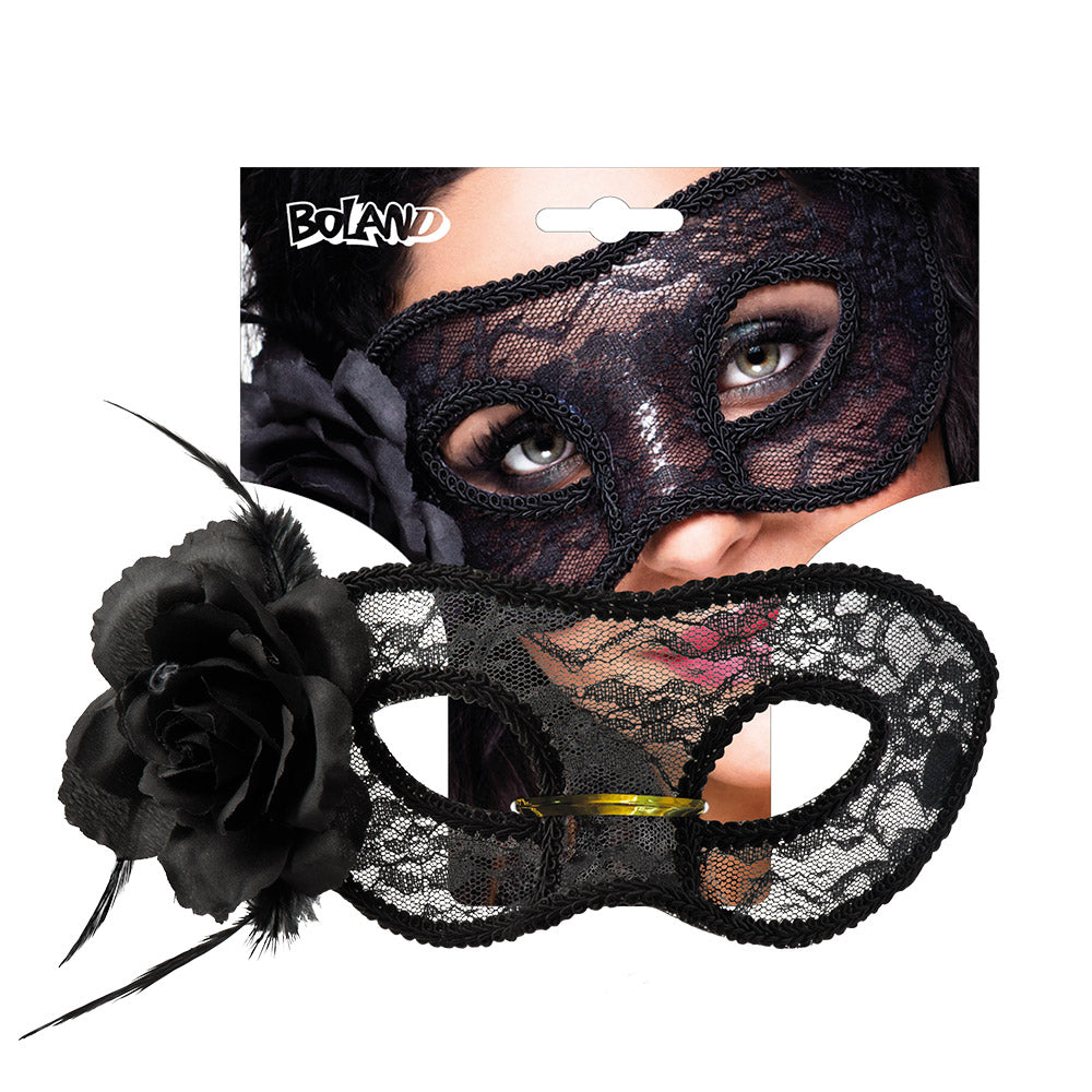 Masque Loup Dentelle Noir avec Fleur - Déguisement Soirée