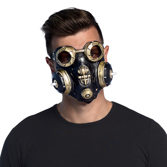 Masque à gaz steampunk noir et or avec lunettes