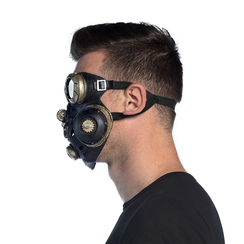 Masque à gaz steampunk noir et or avec lunettes