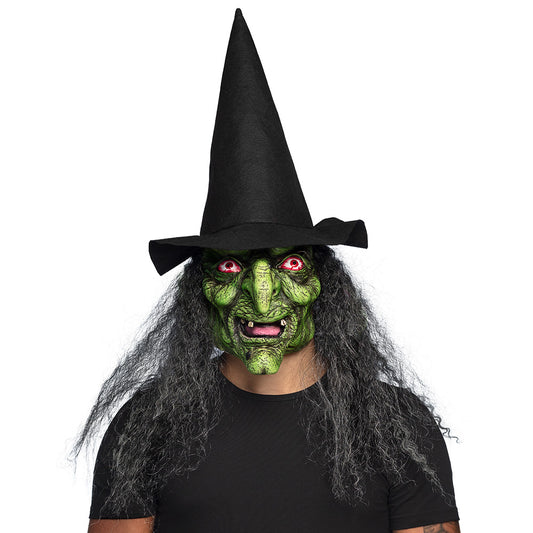 Masque Sorcière Verte avec Chapeau Noir et Cheveux Longs