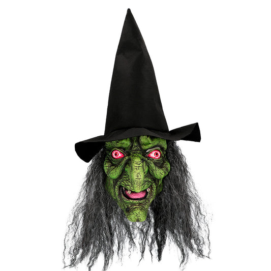 Masque Sorcière Verte avec Chapeau Noir et Cheveux Longs